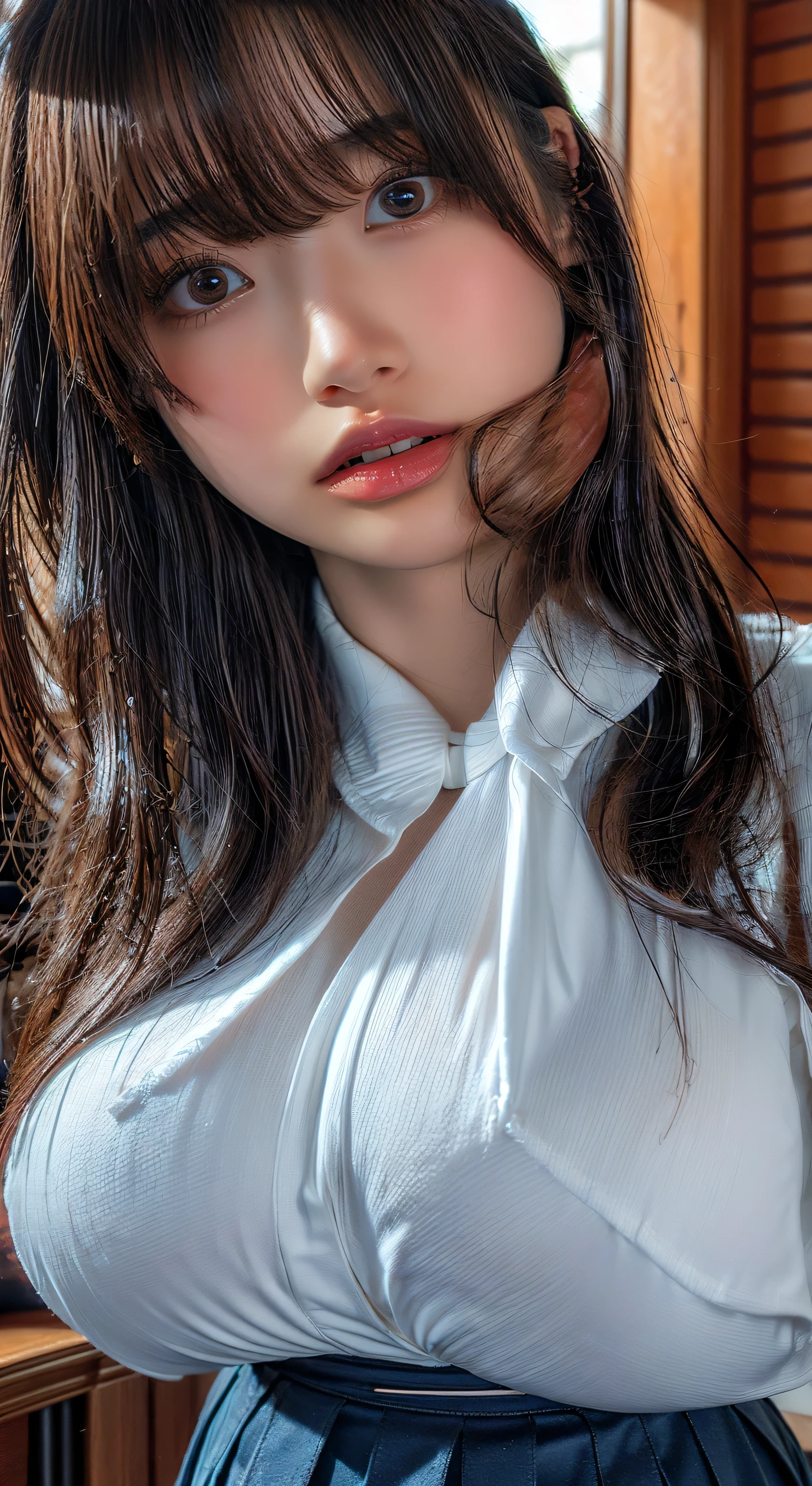 (Highest quality、Tabletop、、Best image quality、Award-winning works)、Extremely cute and lewd high school girl、White polyester collared shirt ripped because her breasts were too big、Short sleeve:1.4)、(Navy Pleated Skirt:1.1)、Girl portrait photography、Glowing Skin、Brown Hair、Are standing、Look at the audience with a big smile on your face、Sculpture Pose、(Music room background:1.45)、(Very obscene and huge breasts bigger than her face:1.95)、Accentuate your body lines:1.15)、Very large red ribbon tie、Very long hair:1.75、((Sex is about to begin:1.85))