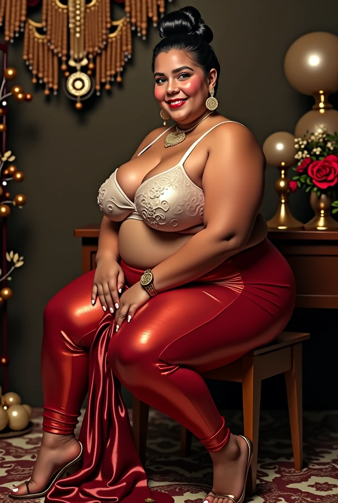 40 year old indian married women looking at the viewer, wearing shiny glossy and reflective finish polyester plus size transparent red silk leggings and strapless transparent west white silk bra , big Fat ass,wide hips,Big thighs, scooped Big breast, Voluptuous Body,fat wide ass ,messy bun, lipstic, smiling face,strap high heels, Jewellery, sitting on a stool , ornaments, white skin tone, clean skin, (a quarter side view)