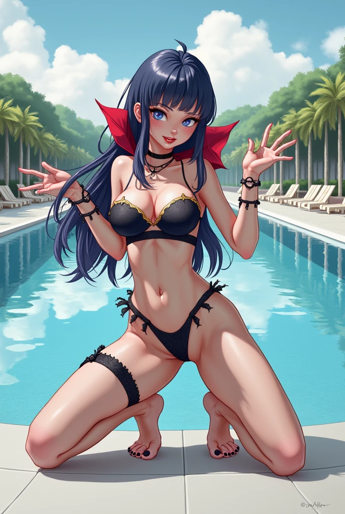 beautiful, Highly detailed portrait of a young woman with navy blue hair, Wearing a vampire costume, Standing on a smooth runway, Colorful lighting in a scenic setting, With disgust, Excellently rendered in pastel art style.