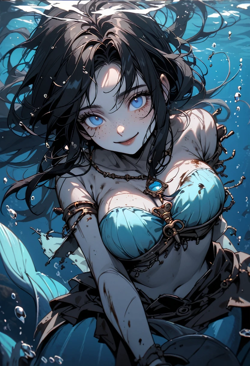 solo, female mermaid, dolphin mermaid, close up, long messy black hair, underwater, blue eyes, very large breasts, grey skin, long eyelashes, dressed in rags, bikini top, skirt, rusted jewelry, smile, freckles, underwater, medieval, pelvic flippers, poor