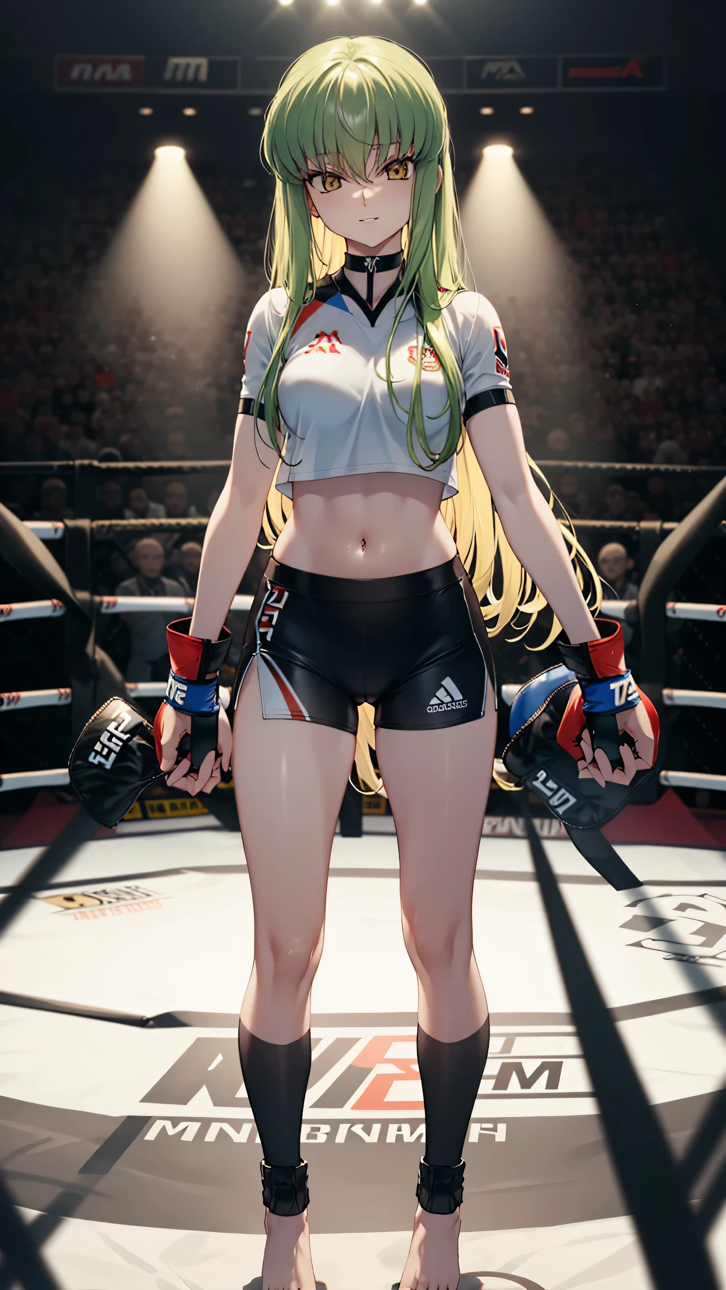 CC_Code Geass, Hair between the eyes, Very long hair 1 person, Bright light, grinning, alone, Full body shot, (masterpiece, Highest quality), 8k, Intricate details, from below, (on MMA Arena :1.5), (wearing MMA uniform:1.5, white tops and black bottoms:1.3), thigh, belly button,Slender body,((Highest quality)), Sharp focus: 1.2, Highly detailed face, Highly detailed eye,