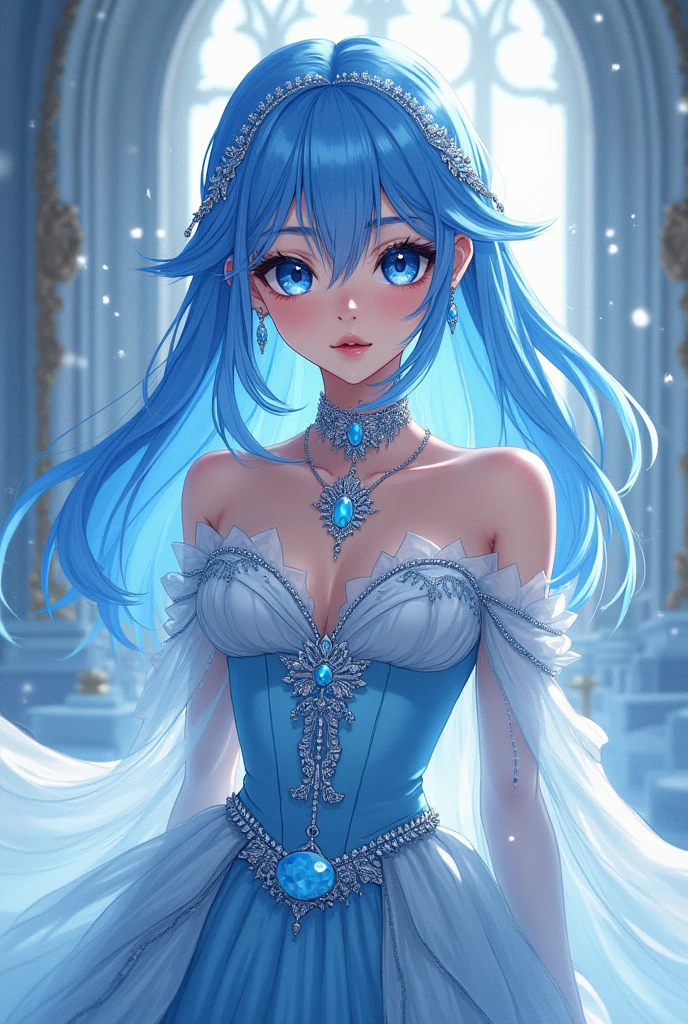 Anime age girl with long blue hair, blue eyes, with formal clothes and jewelry, like an ice queen