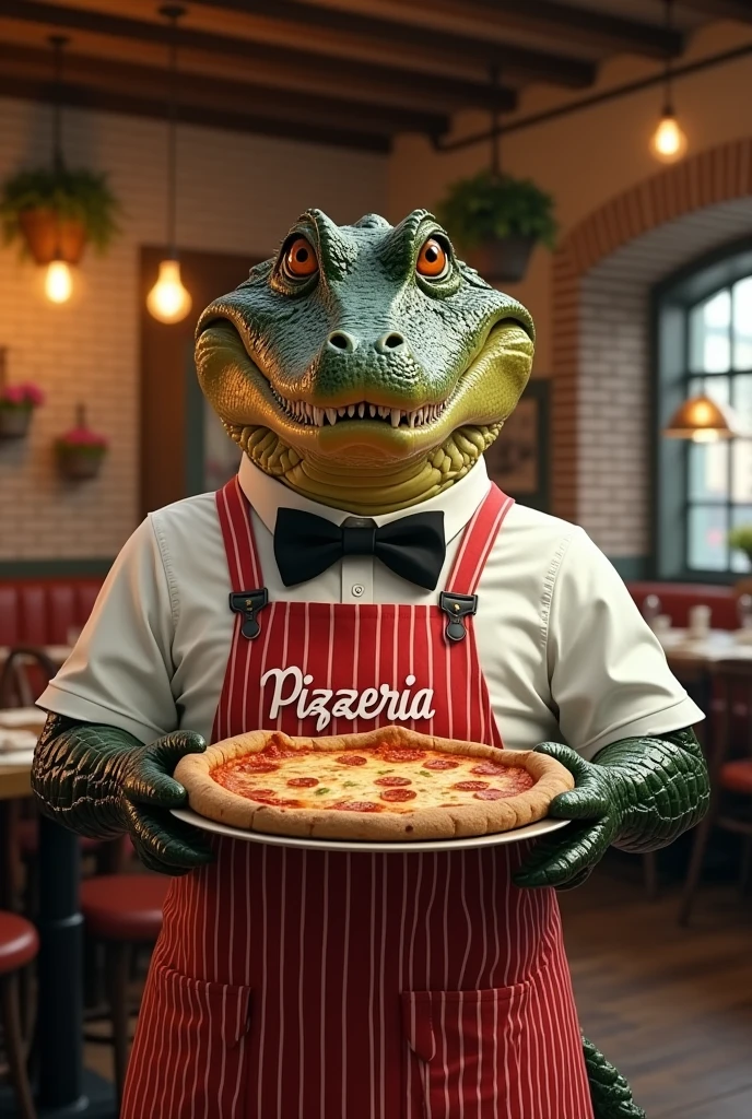 Alligator wearing clothes with the word pizzeria written on it Alligator holding a pizza in his hand