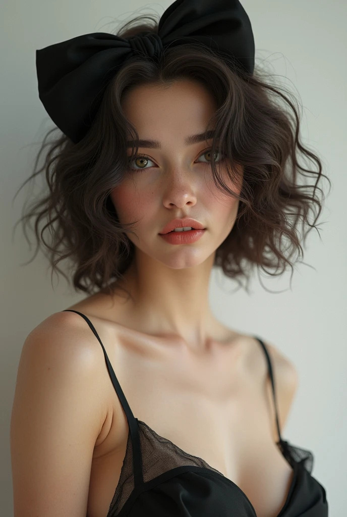 (photorealism:1.2), beautiful girl, . She has short, curly shoulder-length hair and a large bow in the back of her hair. Both cheeks are covered with hair. She has big breasts