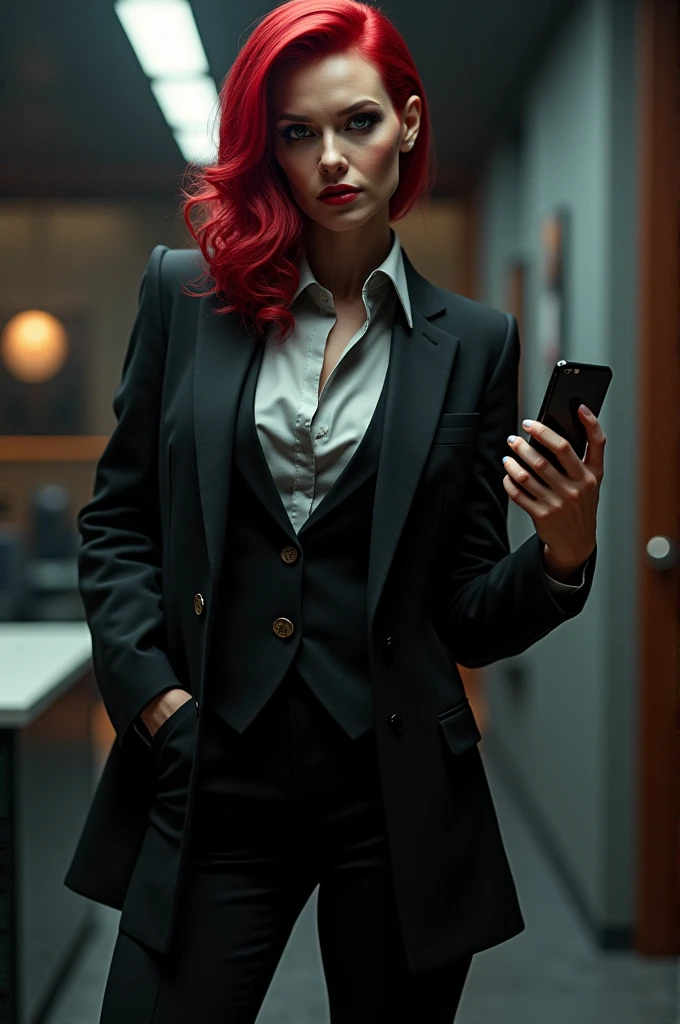 Stupid girl villain suit with a cellphone in hand and Shirley Manson's face