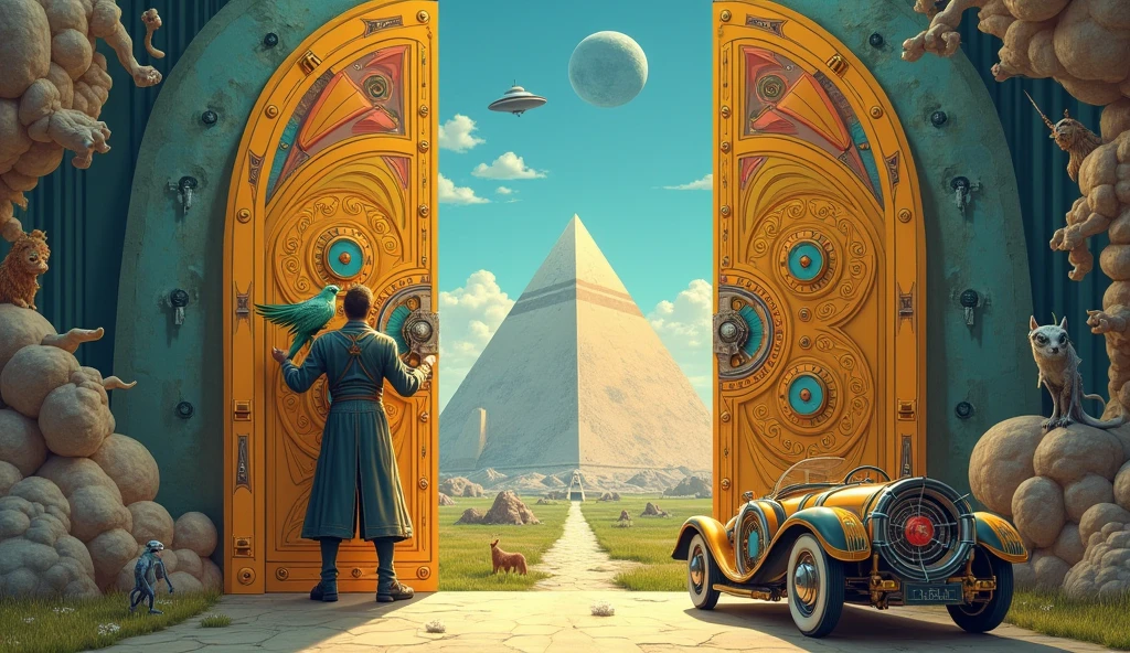 Un homme avec des vêtements futuristes pousse des deux mains des portes futuristes avec des figures géométriques de couleurs différentes sur la porte et devant lui une pyramide avec de l'herbe et des animaux ,le tout ressemblent à la peinture que j'ai publié et un robot et à côté devant une des portes et le personnage caucasien avec un Péroqué sur l'épaule et un aspect baroque est légèrement ajouté une soucoupe volante est ajouté et un extra terrestre petit gris,le personnage se tient droits les jambes légèrement écartées en poussant les portes il y a des mécanismes et horlogerie sur les portes et une voiture ancienne améliorée venus du futur