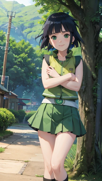 (1girl, solo, highly insanely detailed, masterpiece, top quality, best quality, highres, 4k, 8k, RAW photo),((innocent look)),((Childish)),From the front, symmetrical composition,smile,cute,Innocent,Kind eyes,Flat chest,ghibli style,forest, ppgzbtc, green eyes, short hair, earrings, yellow vest, green skirt, konohavillage