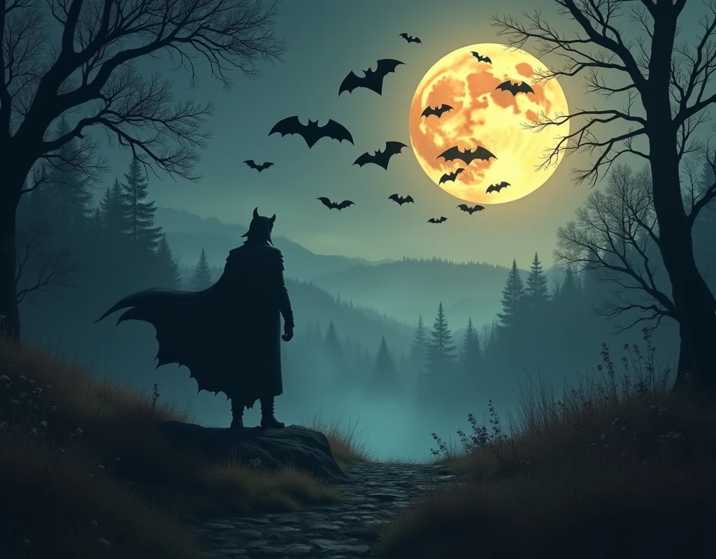 Swarm Of bats emerging a vampire lord, harvest moon, misty hills, fall time