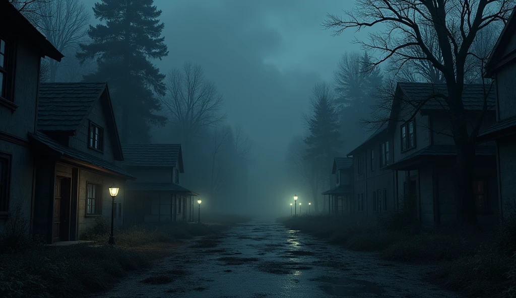 3D animated style image of a dark and forgotten town with some lights and surrounded by a thick forest, the atmosphere is night and gloomy