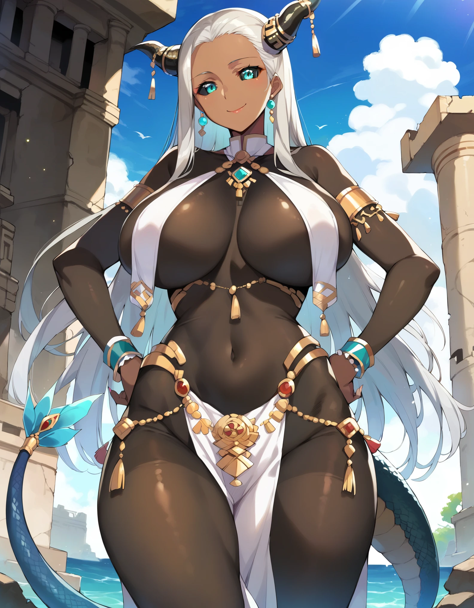 masterpiece, score_9, score_8_up, score_7_up, source_anime, best quality, extremely detailed, 1girl, milf, solo, (dark skin, black skin:1.8), liliana, (huge breasts), ((((gray hair), long hair, black sclera, aqua eyes, dragon horns, dragon tail))), blue lips, (((bodystocking, bikini, pelvic curtain))), ((naughty smile), closed mouth), ((hands on own hips, ancient ruins))