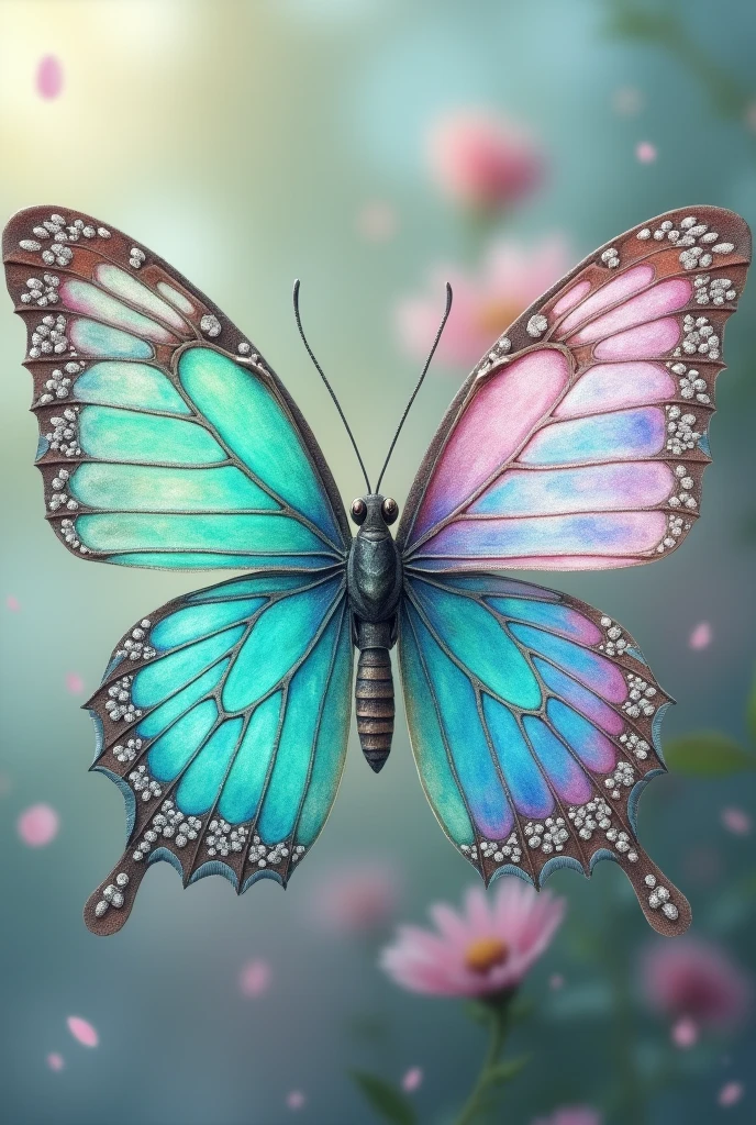 Butterfly with half aqua green and the other half pastel pink with shiny silver details