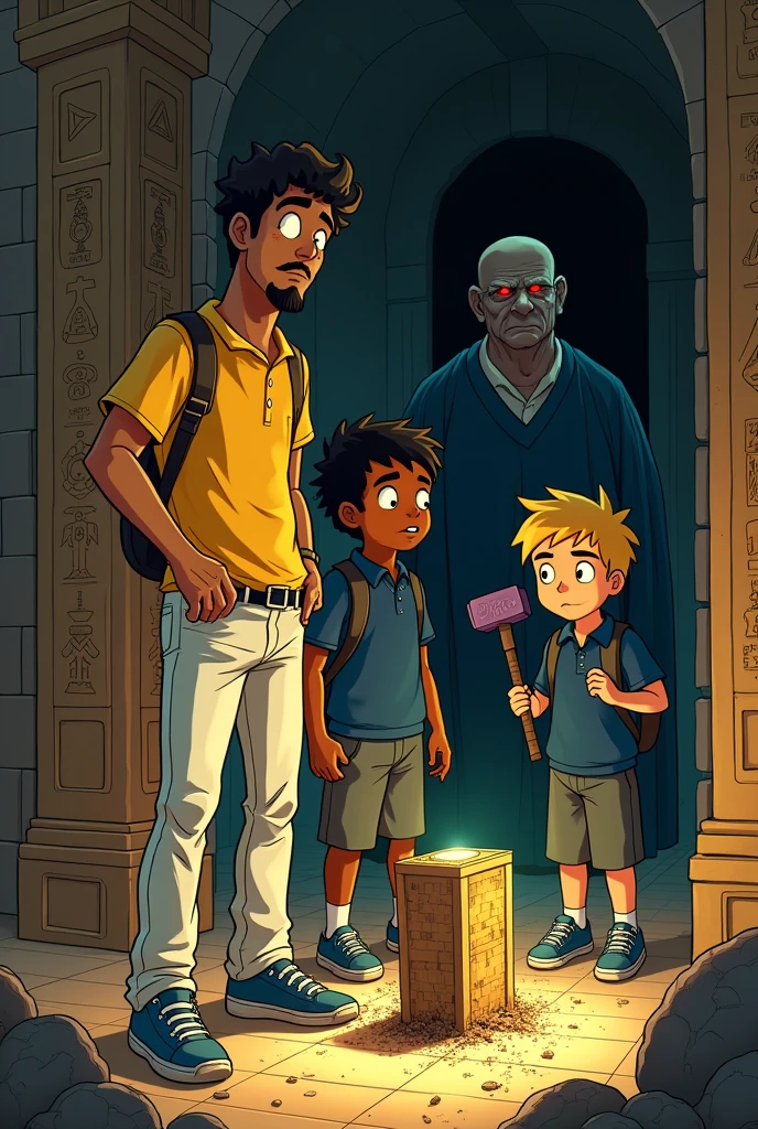 "In the depths of an ancient tomb, the medium height, medium build white man with short, curly black hair, white skin, brown eyes, and a goatee, is dressed in his classic yellow dress shirt, white pants, and blue sneakers. He stands beside two teenage boys, both dressed in dark blue school uniforms with yellow trim. The first boy, a slender and wiry youth with spiky black hair and a smattering of pimples across his face, clutches a purple hammer in his hand. His sharp, alert eyes dart around the room, taking in every detail with a mixture of curiosity and caution. The second boy, a bit taller and with a more athletic build, has blonde hair that falls just above his green eyes, which are wide with a combination of fear and wonder as they focus on the ancient artifact before them.
The trio has just discovered the Staff of Moses, an ancient relic resting atop a stone pedestal in the center of the dimly lit chamber. The walls of the tomb are covered in faded hieroglyphs and intricate carvings, barely visible in the flickering light from their torches. Dust and cobwebs cling to the relic, untouched for centuries, adding to the mystical aura of the moment. The man and the boys exchange glances, the weight of their discovery hanging in the air as they contemplate their next move.
However, they are not alone. Lurking in the shadows at the edge of the chamber is a mysterious figure, watching their every move. He is an elderly Black man, very overweight and dressed in the same dark blue school uniform as the boys. His bald head gleams faintly in the dim light, and his face is clean-shaven, revealing the lines of age etched into his skin. Most striking of all are his eyes—glowing red with an unnatural, almost malevolent intensity. The man’s presence is unsettling, his figure blending into the darkness, save for those piercing eyes that remain fixed on the group. He observes them silently, a predator biding its time, the tension in the tomb growing thicker with every passin