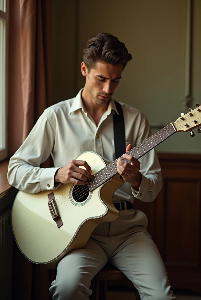 man tuning a white guitar, vintage scene, Retro style, charming and refined,