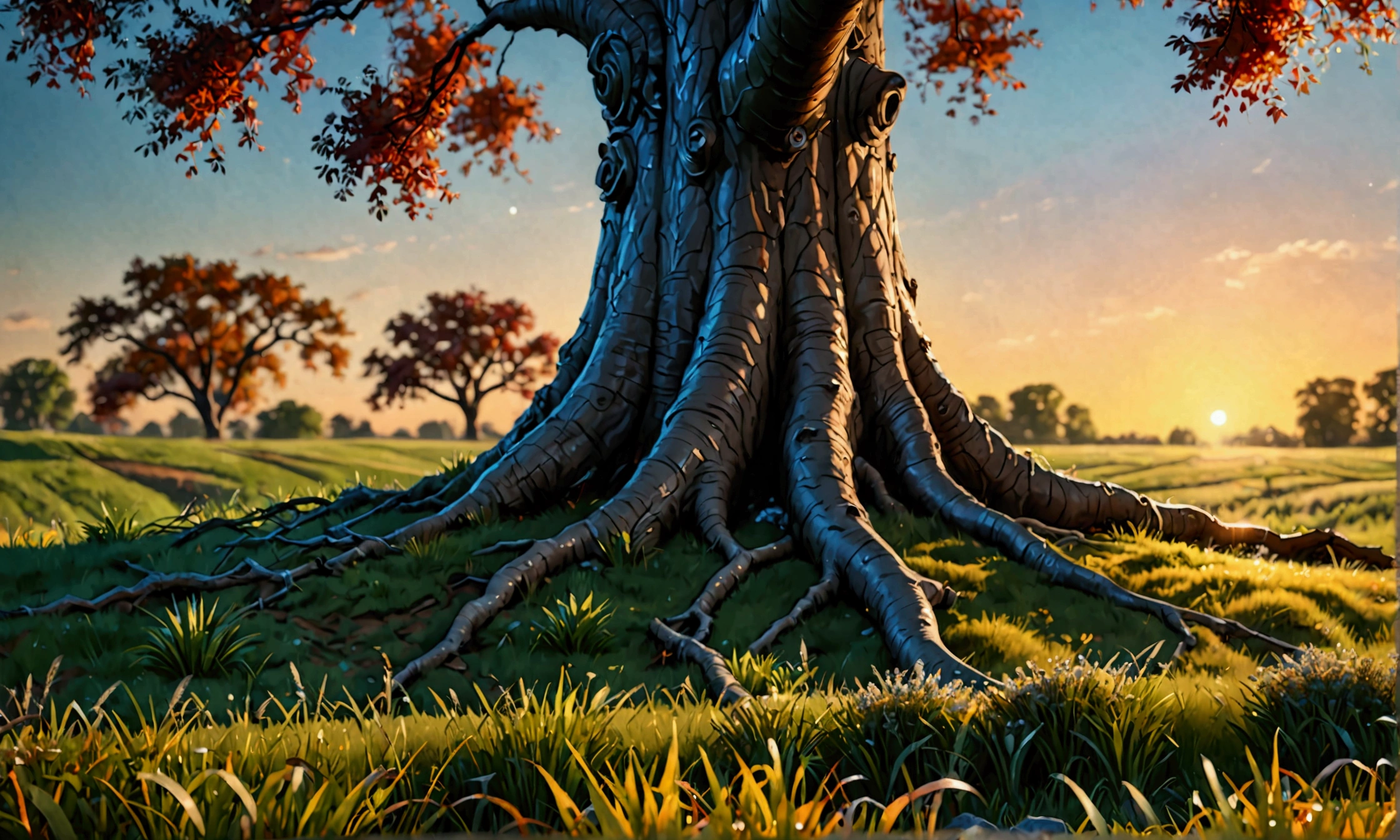 (8k, CRU photo, highest quality) The scene should be set in an open field with grass, with a massive tree at the center of the photo. The tree has a large trunk, and the sky should reflect a late sunny day with a sunset featuring red, orange, and blue hues. (((dynamic composition:1.3))), soft lighting, cinematic lighting, light volumetric, hyper-realistic, vivid details, clear as crystal, 8K UHD, ultra photo realism, best quality, work of art, extremely detailed CG, unity, wallpapers (realistic, photorealistic: 1.37), shining, fine-details, (((Depth of field:1.5))), (((atmospheric perspective:1.4)))