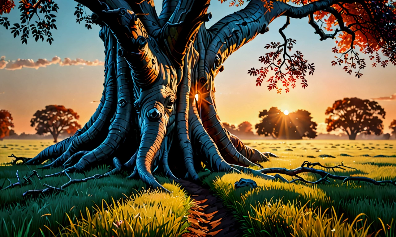 (8k, CRU photo, highest quality) The scene should be set in an open field with grass, with a massive tree at the center of the photo. The tree has a large trunk, and the sky should reflect a late sunny day with a sunset featuring red, orange, and blue hues. (((dynamic composition:1.3))), soft lighting, cinematic lighting, light volumetric, hyper-realistic, vivid details, clear as crystal, 8K UHD, ultra photo realism, best quality, work of art, extremely detailed CG, unity, wallpapers (realistic, photorealistic: 1.37), shining, fine-details, (((Depth of field:1.5))), (((atmospheric perspective:1.4)))