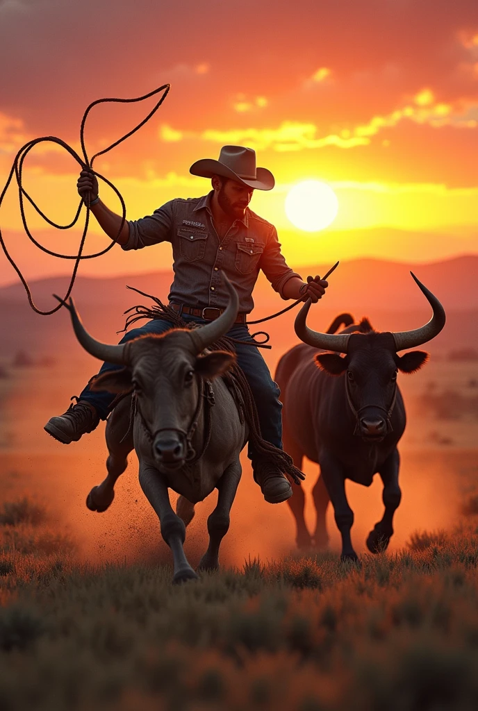 Cowboy lassoing bull at sunset