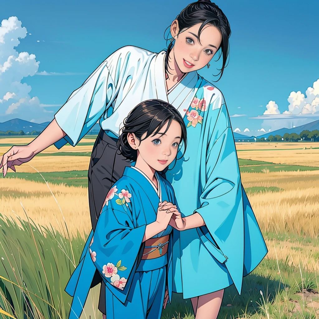 Double,Japanese Hairstyle,Photorealism,detailed,masterpiece,Little boys and little girls,child,Smile and hold hands,grassland,Blue sky,A