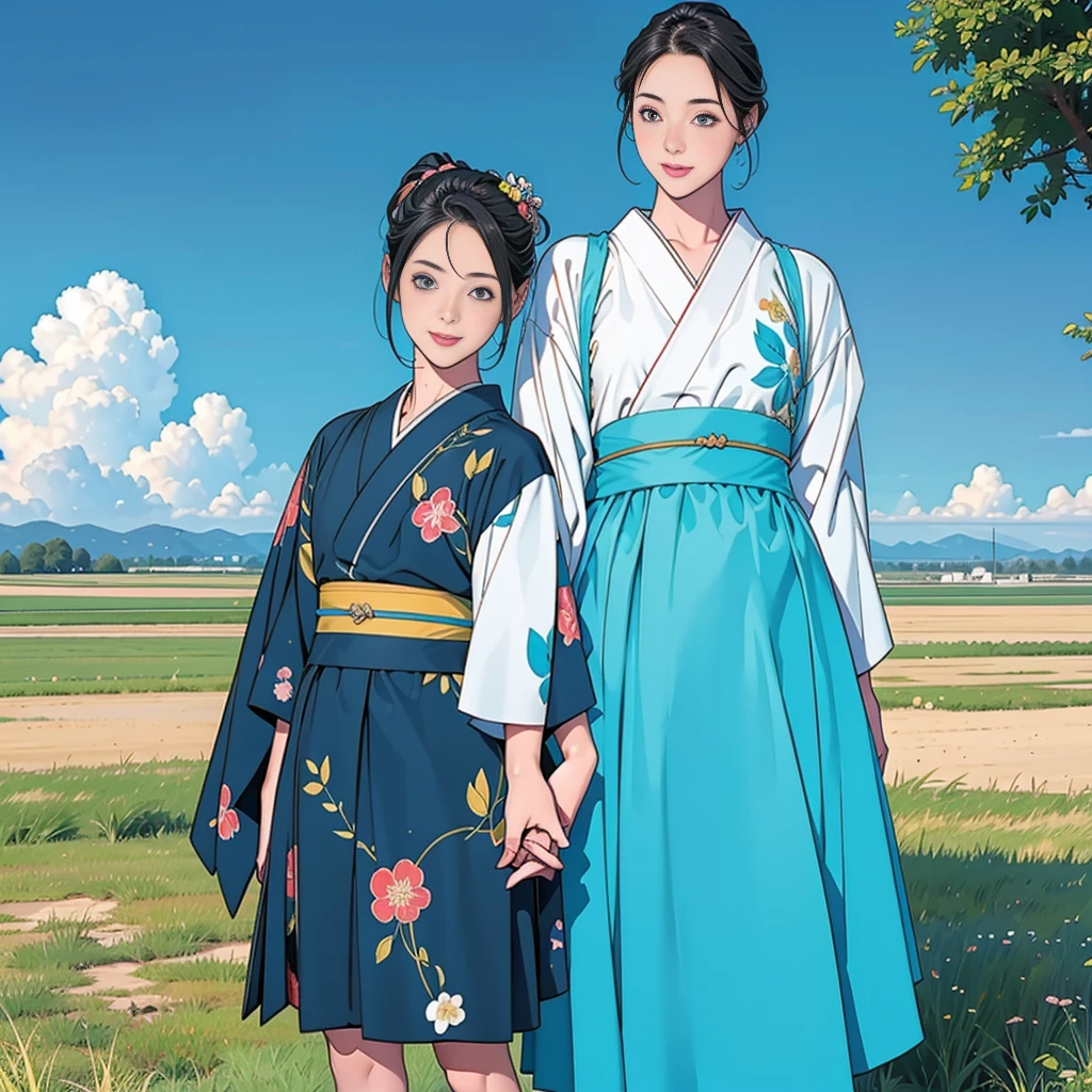 Double,Japanese Hairstyle,Photorealism,detailed,masterpiece,Little boys and little girls,child,Smile and hold hands,grassland,Blue sky,A