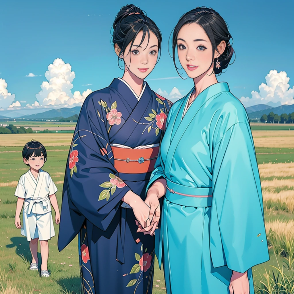 Double,Japanese Hairstyle,Photorealism,detailed,masterpiece,Little boys and little girls,child,Smile and hold hands,grassland,Blue sky,A