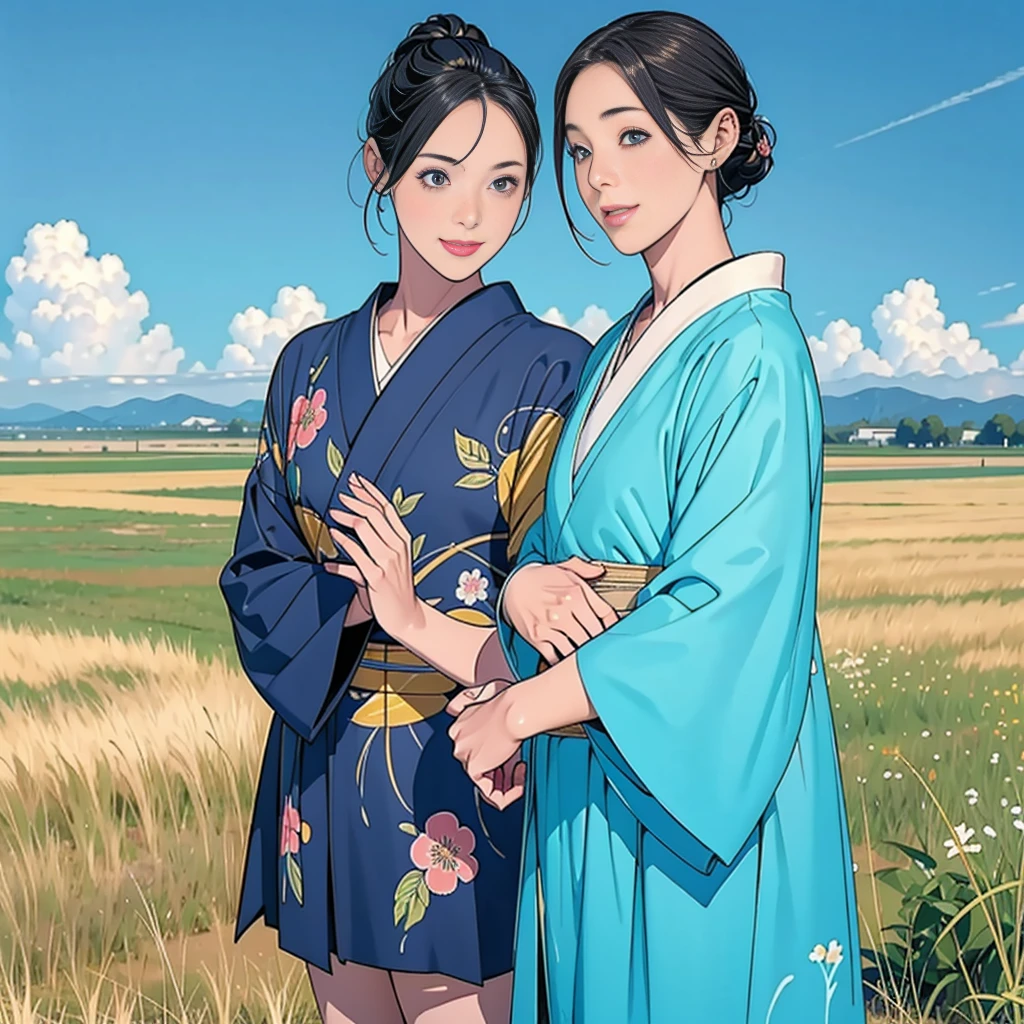Double,Japanese Hairstyle,Photorealism,detailed,masterpiece,Little boys and little girls,child,Smile and hold hands,grassland,Blue sky,A