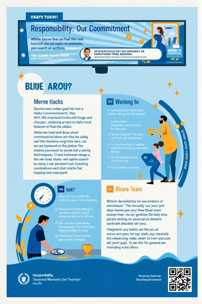 ELABORA UN DISEÑO DE UNA CARTELERA QUE LE CORRESPONDIO AL blue team PARA UNAS OLIMPIADAS DE COLORES Y VALORES. ITS VALUE IS RESPONSIBILITY, THAT IT IS ALLUSIVE TO IT For the design of a poster that represents the blue team in the Colors and Values Olympics, with the value of "Responsibility", The following elements can be considered::
### Billboard Design 1. **bottom**:
- Use a light blue background to represent the team. You can incorporate subtle patterns, as olas o rayos, that symbolize movement and dynamism.
2. **Main title**:
- On top, writes "blue team" in large bold letters. Just below, includes the motto "Responsibility: Our commitment".
3. **Graphics**:
- Includes images or illustrations of people working as a team, helping each other, or fulfilling tasks. This may be symbolic of shared responsibility..
- Add icons that represent responsibility, as una balanza, a clock and a hand holding a heart.
4. **Inspirational Phrases**:
- Add phrases that reinforce the value of responsibility, as:
- "Responsibility is the first step to success."
- "Fulfilling our obligations is an act of greatness."
5. **Interactive Section**:
- Include a space for team members to write what responsibility means to them. This can be in the form of colored sticky notes..
6. **Colors and Typography**:
- Use clear and legible typography, preferably in dark tones that contrast with the blue background.
- Highlight keywords with a brighter color, as el blanco o el amarillo, to attract attention.
7. **Final Details**:
- You can add flags or Olympic symbols in the corners to give a more festive touch.
- Asegúrate de que la cartelera sea visualmente atractiva y que cada elemento tenga un propósito relacionado with the value of la responsabilidad.
This design will not only be