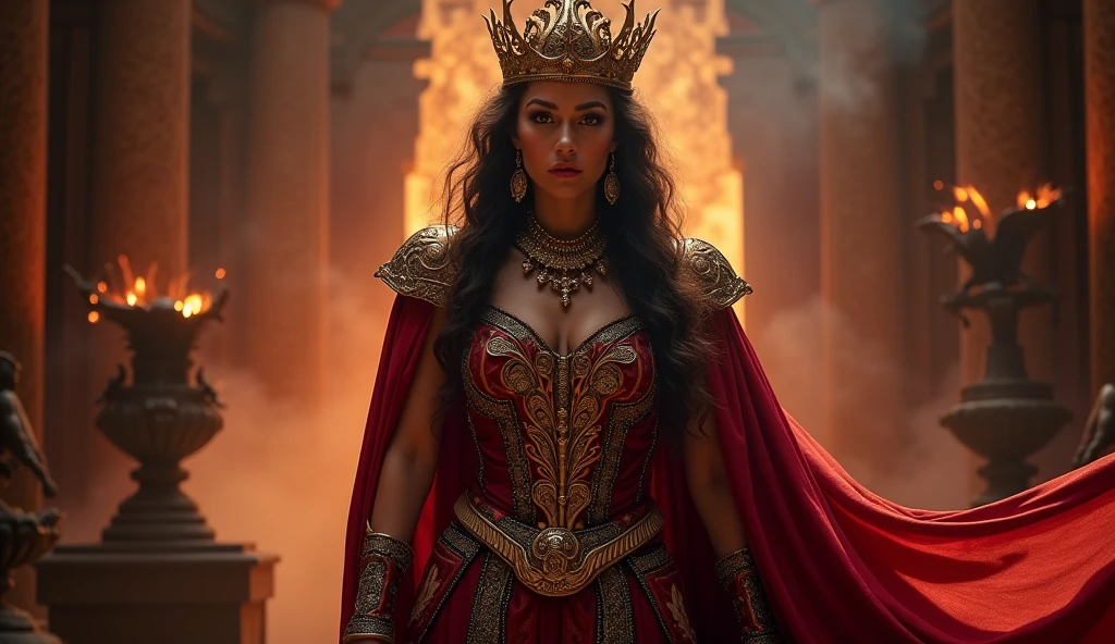 Design a dramatic and eye-catching YouTube thumbnail featuring Jezebel, the biblical queen, in a commanding and ominous pose. She should be positioned centrally, facing forward with an intense, malevolent expression. Dress her in opulent, richly adorned garments in striking colors like deep reds and golds, reflecting her power and influence.

Incorporate elements that highlight her dark reign, such as symbols of Baal worship and altars subtly placed in the background. Include dramatic lighting or effects to emphasize her fierce presence and the tension of her story. Use bold, contrasting text to highlight the video title, such as "Jezebel: The Queen of Demons" or "The Dark Legacy of Jezebel," ensuring it stands out against the vibrant background.

The overall design should create a sense of intrigue and urgency, drawing viewers in by capturing the essence of Jezebel's story and the dramatic impact of her actions.