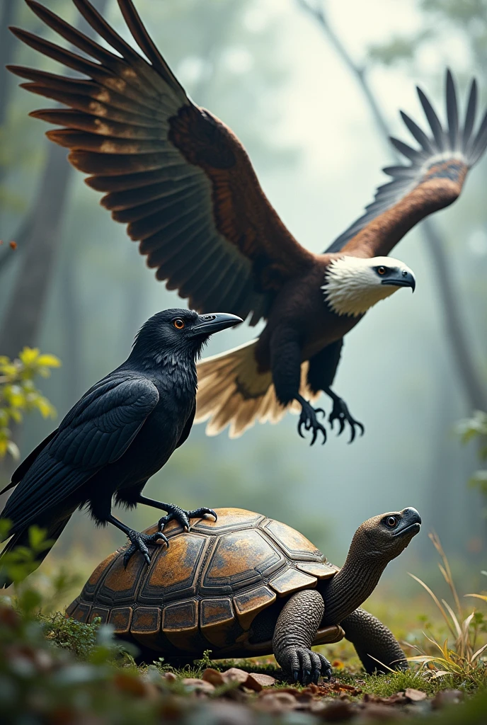 The crow saw the eagle flying and used its claws to scratch the turtle's shell.