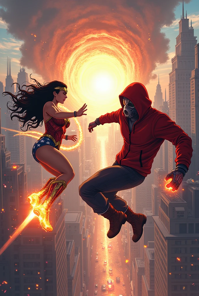 Young Star-lord with red hoodie, headphones, star-lord helmet, gas helmet, covered mouth, round red eyes, Red eyes, magic rings in the hands and rocket boots, Vs, Wonder woman (Big tits), Fighting, power, fiction, full body, 3 persons, magic lasso, hight, fall, fire in boots, poweful spells, fighting, helmet, mask, punch, gun, flying in the sky, magic portal, view of the city from above, hug, Anime