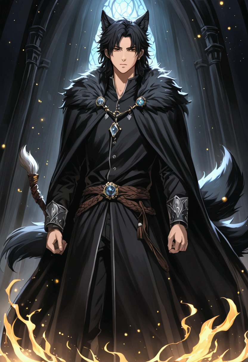 Male person having a black cloak on black hair, black wolf ears, black wolf tail, age of 19