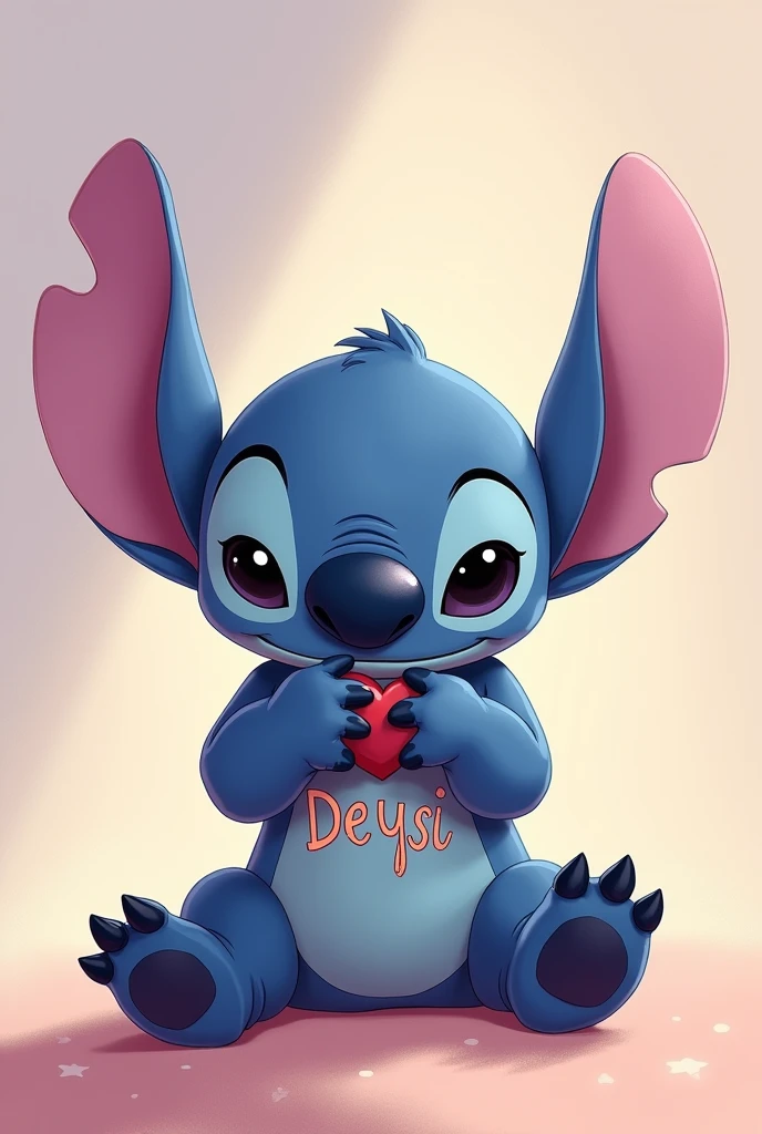 Stitch in love sitting holding the word Deysi on his chest
