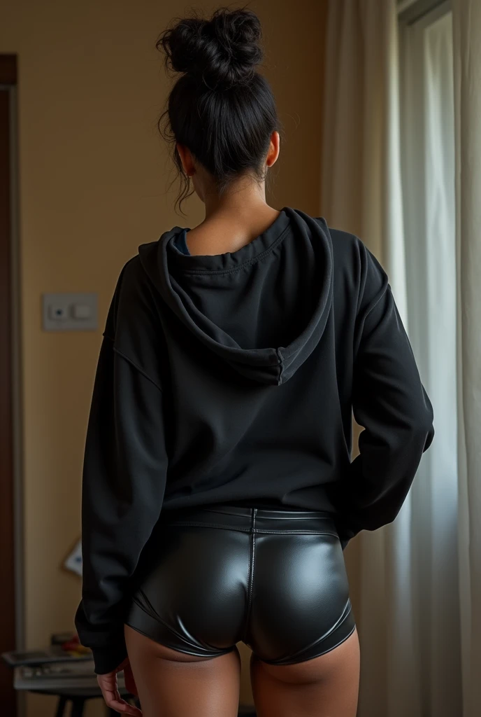 black woman hair in a bun black hoodie black leather short shorts being fucked in the ass by a old grandma in a dress