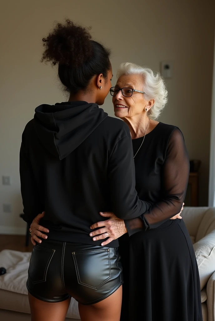 black woman hair in a bun black hoodie black leather short shorts being fucked in the ass by a old grandma in a dress