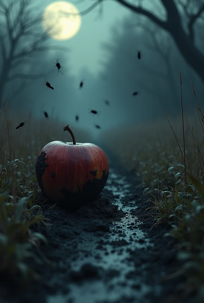 a trail of rotten black grass from an apple at night with insects running out of the way