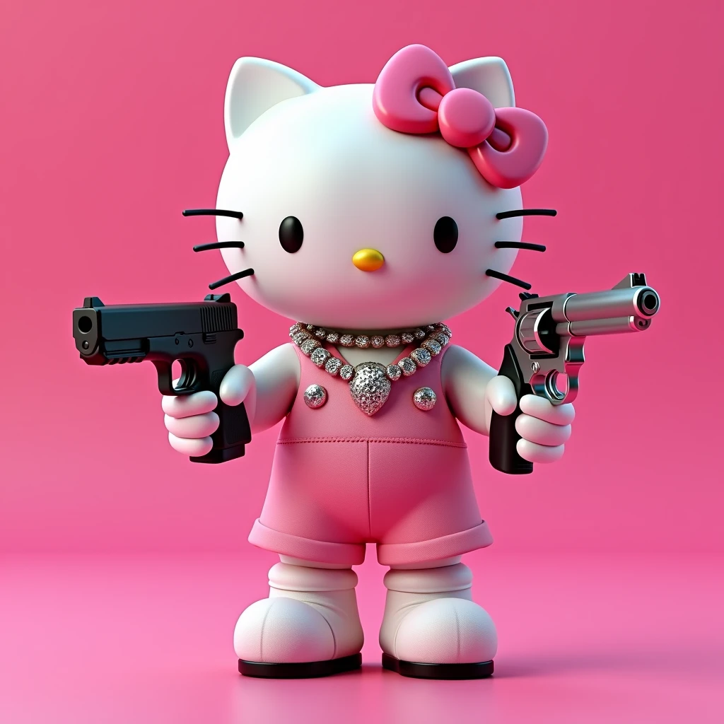 (Hello Kitty white) (3D format) (empty pink background) She has some diamond Cubans on her neck, In one hand he holds a black Glock, In the other hand he has a 38 revolver