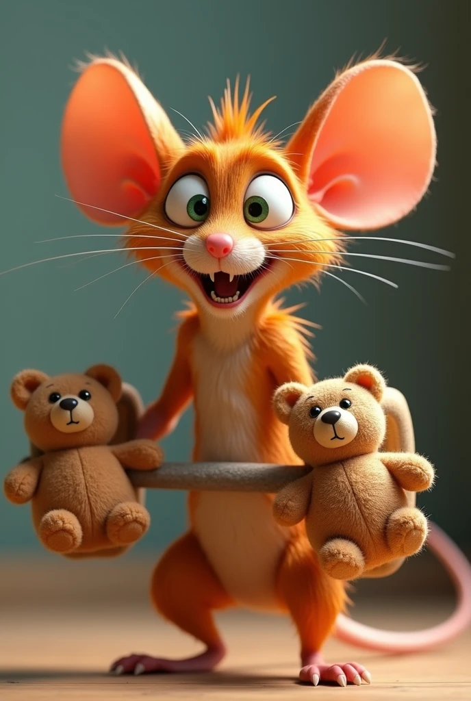A malnourished orange rat working out with teddy bear weights, the mouse has green eyes, disney pixar style 3d.