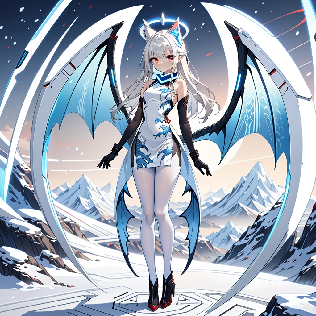 masterpiece, highest quality, highest resolution, clear_image, detailed details, white hair, long hair, 1 girl, cat ears, red eyes, futuristic halo, white sci-fi china dress, detached sleeves with black gloves, white scarf (around the neck withn a light blue glow), 12 white futuristic dragon wings, white pantyhose, full body, no water marks, snowy mountain
