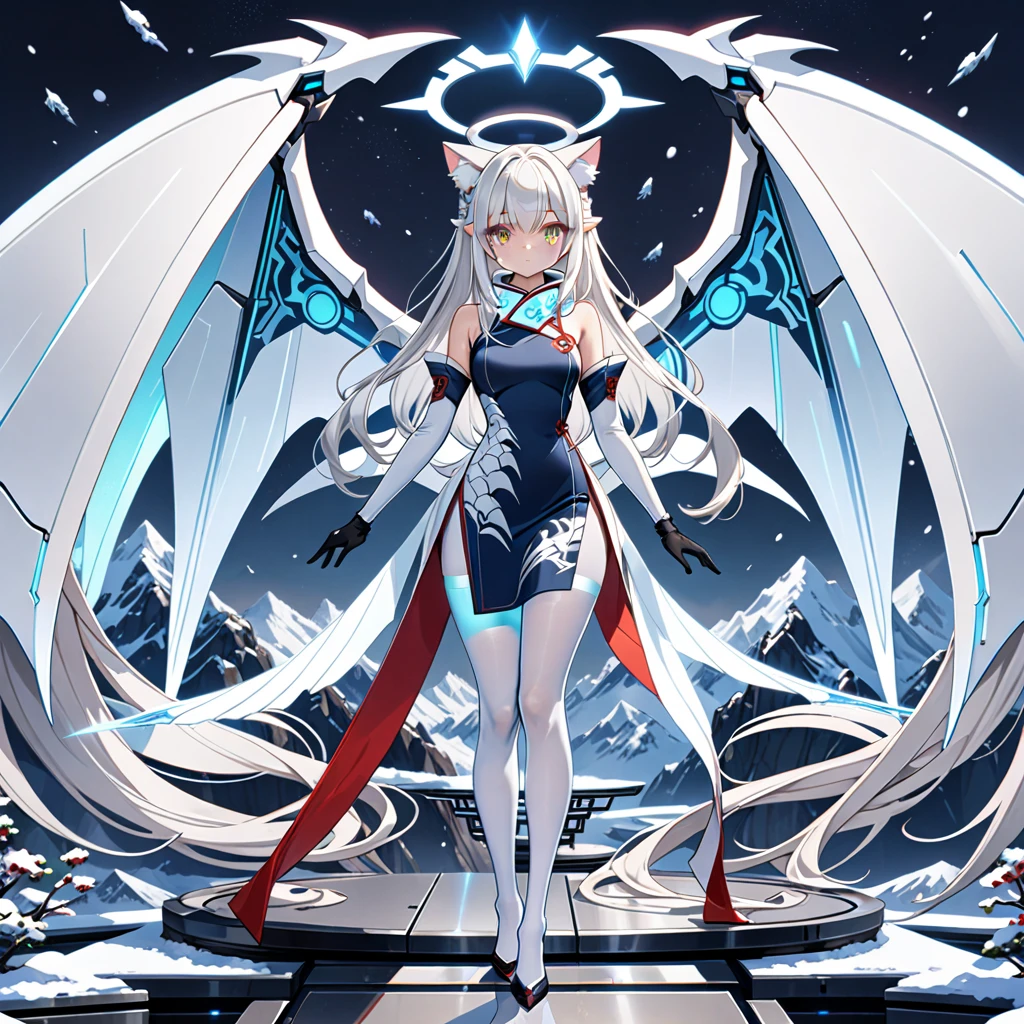 masterpiece, highest quality, highest resolution, clear_image, detailed details, white hair, long hair, 1 girl, cat ears, red eyes, futuristic halo, white sci-fi china dress, detached sleeves with black gloves,  white scarf (around the neck withn a light blue glow), 12 white futuristic dragon wings, white pantyhose, full body, no water marks, snowy mountain