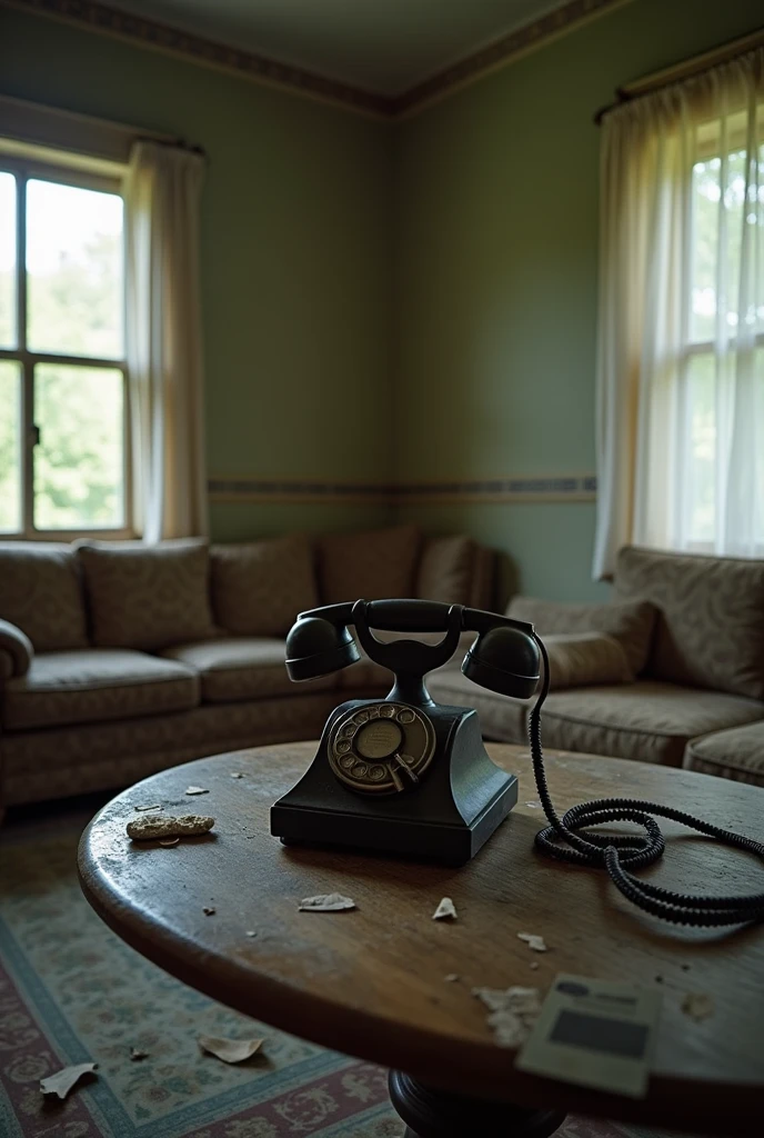 Living room of an abandoned house, an old telephone on the table 