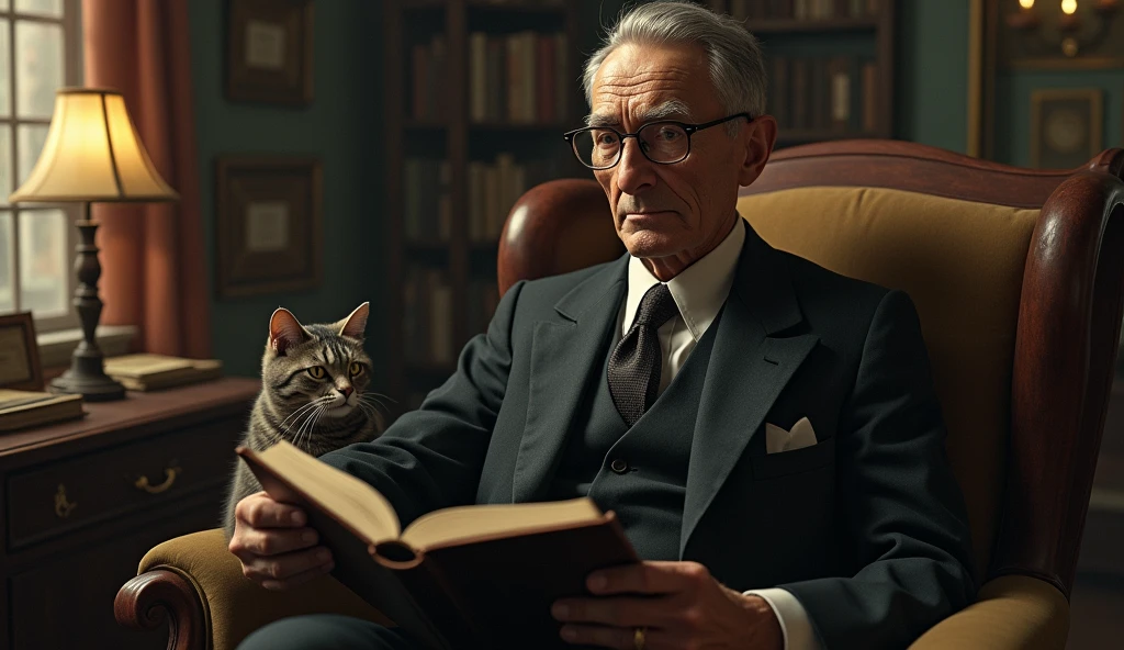 An elderly man with a serene and contemplative expression, thin. He has short, dark hair, a little bald in the front, a little gray, no beard and wears a classic 1930s suit, with small, square prescription glasses and a discreet tie. Cayce is sitting with his cat in a vintage-looking chair in a setting reminiscent of an old office, with books and papers in the background. The soft, diffuse lighting highlights his face, conveying an aura of wisdom and introspection. In one hand, he holds an open book, symbolizing his knowledge and psychic abilities. The scene has a nostalgic and mysterious tone, reflecting the enigmatic nature of his predictions and readings. talking to several people