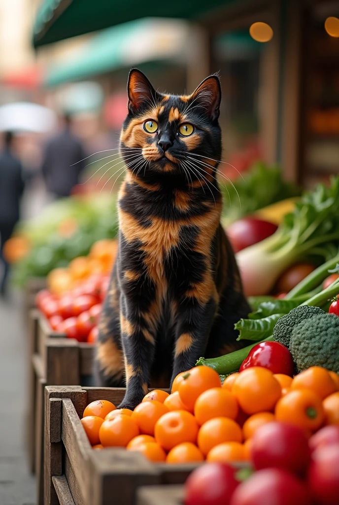 A tortoiseshell cat sells vegetables 