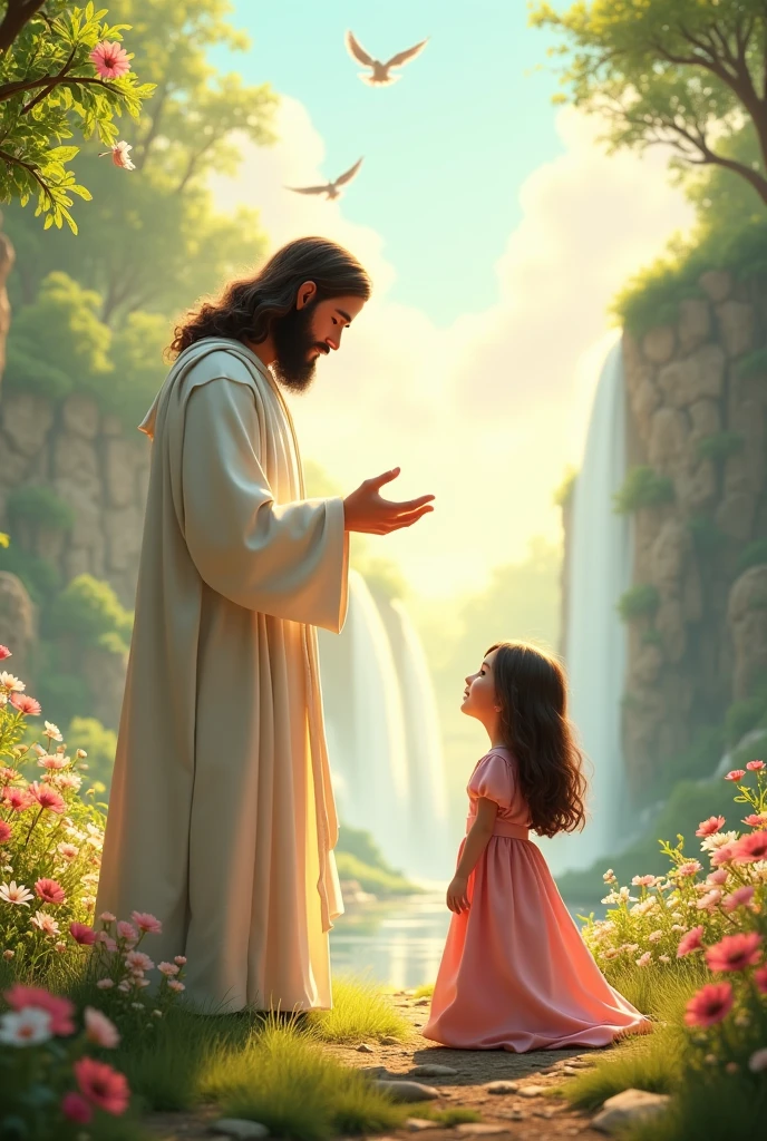 Create an image of Jesus from the biblical story, white gown.
child, in pink dress , kneeling looking at jesus.
Environment with lots of flowers, waterfalls in the background with birds flying, in a sunny day.
Eat Disney Pixar 3D.