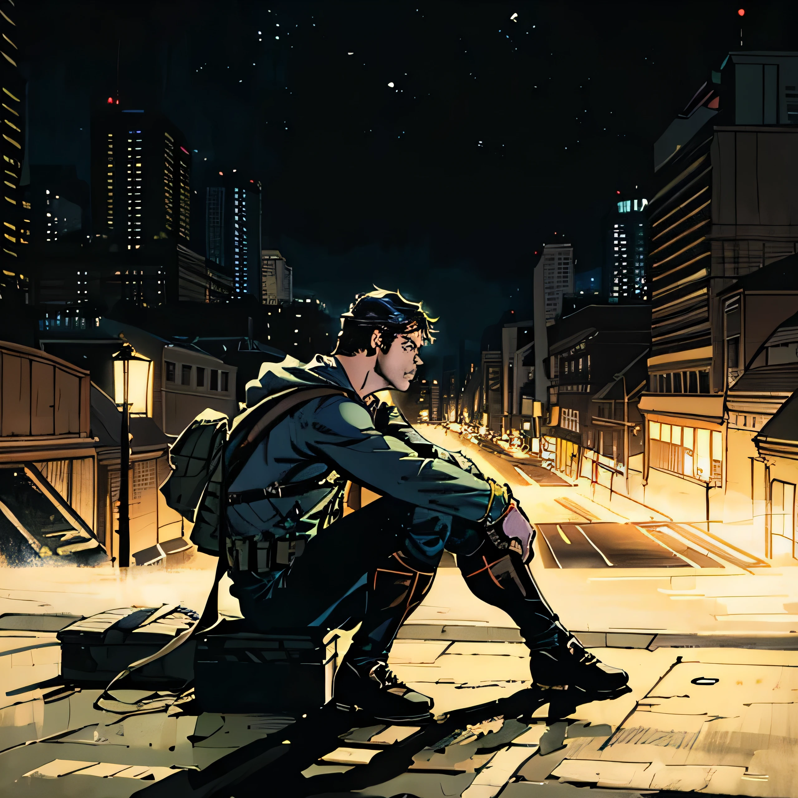 there is a man sitting on a curb at night, sittin, resting after a hard fight, random artist, lost in thought, potrait, during night, street pic, taken in the night, deep in thought, sad man, pensive , resting after a hard mission, resting, sitting on the ground, sitting alone, it's night time, (Masterpiece), (best detail), Young and good-looking, (Best quality), jim lee, simple background, DC comics, Marve Comics, Detailed illustrations, American comics background, flat illustration