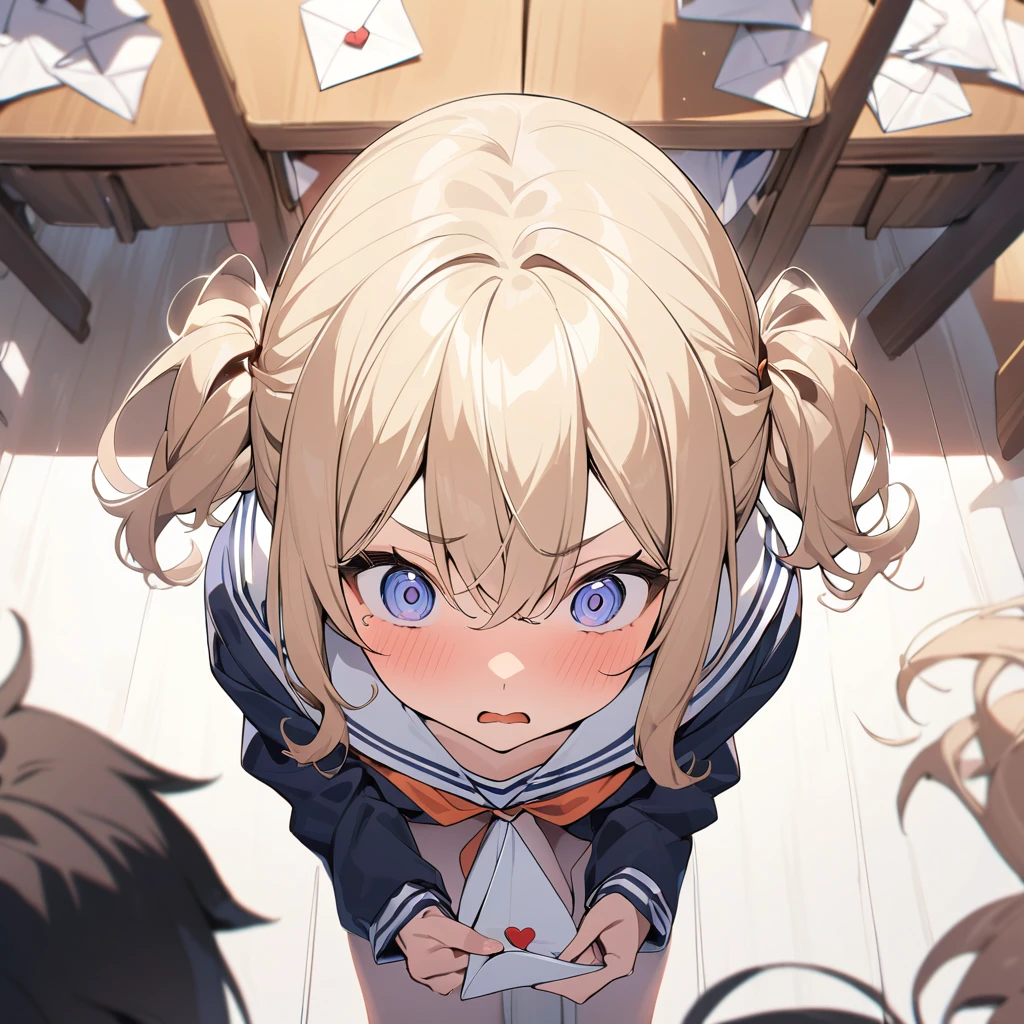 ((amazing quality, great quality, top quality, very aesthetic, aesthetic, best quality)),,dark skin girl,sailor fuku,cleavage,having love letter,afternoon school room,surprised,shocked,stunned,upset,eyes widen,open mouth widen,Top view