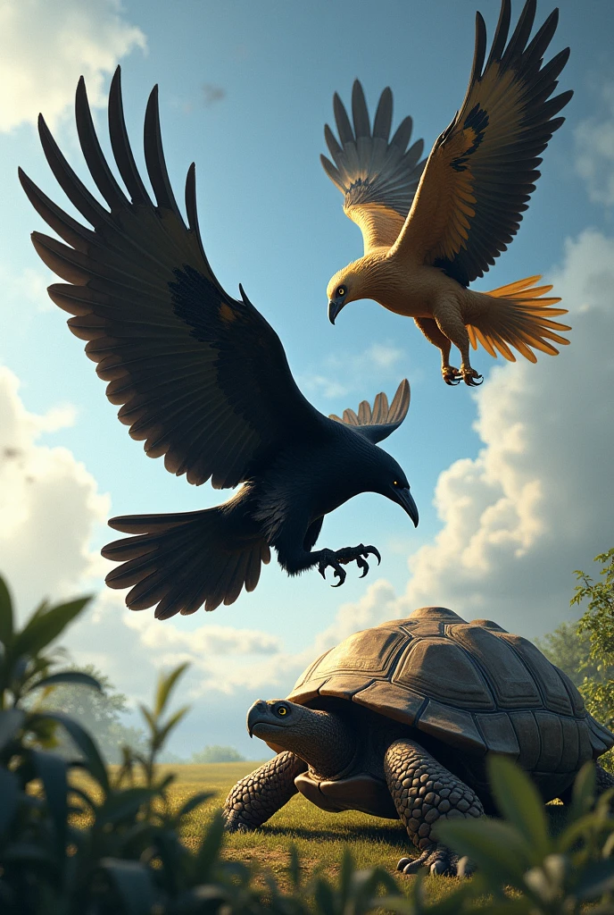 The crow flew over and saw the eagle flying and used its talons to scratch the turtle's shell.