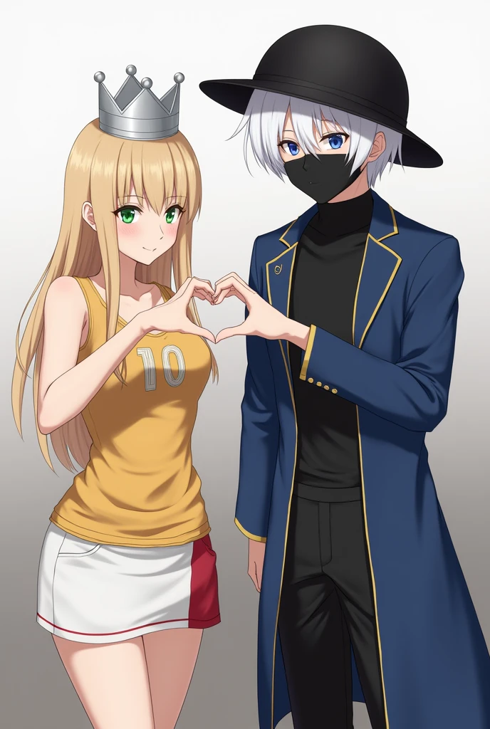 create a realistic female character with straight hair,blond, with a silver crown on his head,greeneyes,wearing a gold tank top with the number 10 in the middle ,showing her belly,wearing a short white skirt with red details,and next to him is a realistic male character friend, small white hair, eye white,wearing a round black hat covering his forehead, a mask that is covering up to your nose, is wearing a black turtleneck, with a long blue jacket. The two are completing a heart with their hand.