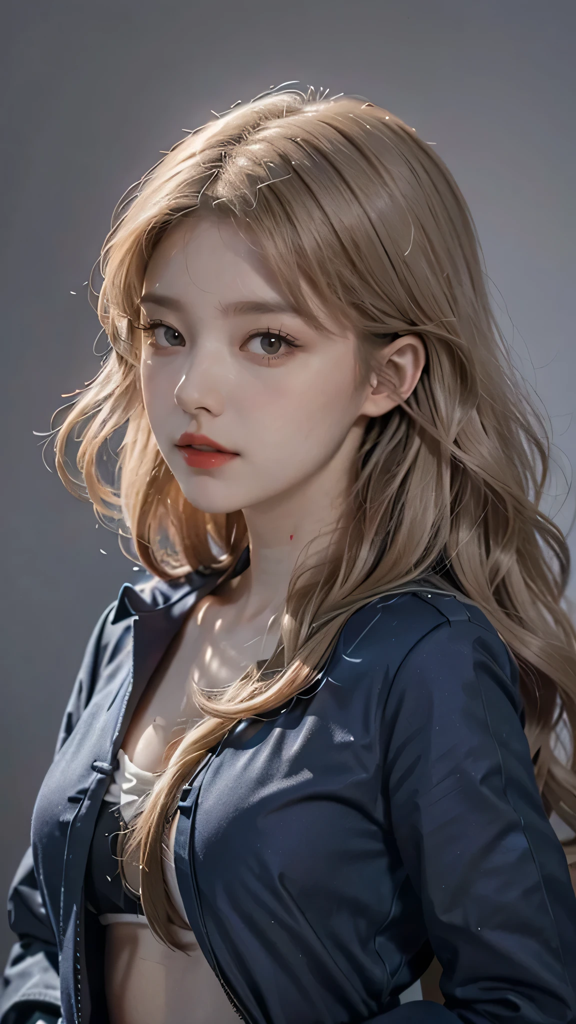 Girl wearing, luxury navy blue coat, shoulder length hair, wavy hair, glowing skin, star in eye, red lips, grey background, cute poses , upper body, light blonde hair.