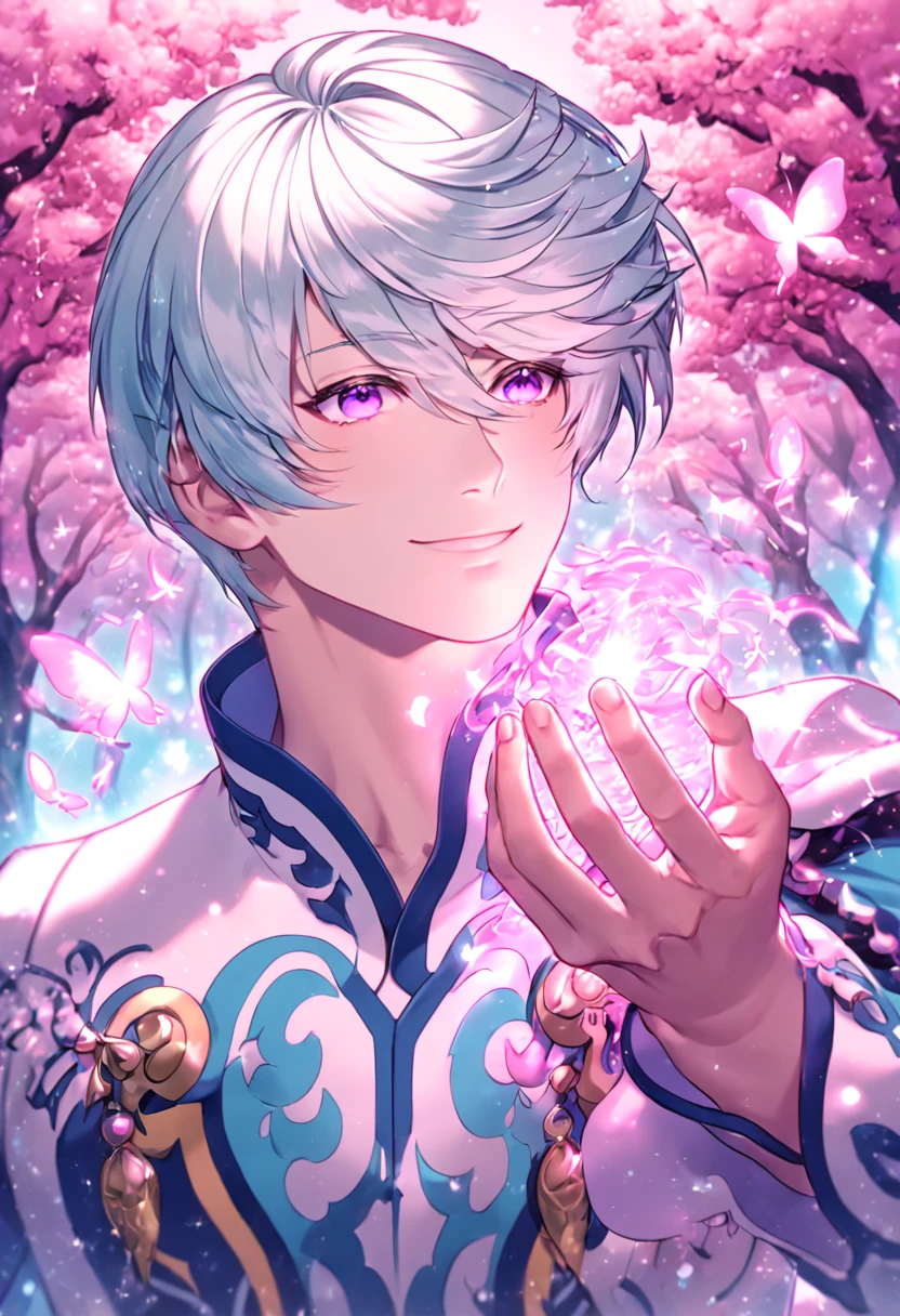 absurdres, highres, ultra detailed, HDR, master piece, best quality, extremely detailed, detailed face, detailed eyes, Mikleo, white hair, expressive purple eyes, Tales Of Zestiria, solo, sexy man, sensual, handsome, smile, mature man, white clothes, blue patterns, under a pink tree, fantasy, magical, glittering fireflies, pink butterflies, pink flames, magic, pink leaves