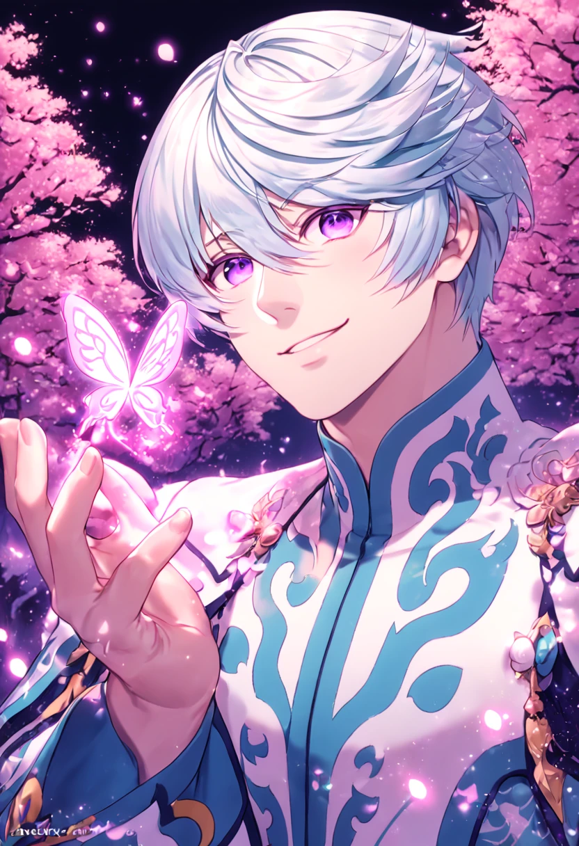 absurdres, highres, ultra detailed, HDR, master piece, best quality, extremely detailed, detailed face, detailed eyes, Mikleo, white hair, expressive purple eyes, Tales Of Zestiria, solo, sexy man, sensual, handsome, smile, mature man, white clothes, blue patterns, under a pink tree, fantasy, magical, glittering fireflies, pink butterflies, pink flames, magic, pink leaves