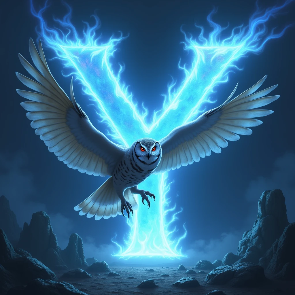 ((realisitic)) A red-eyed owl, flying over the blue fire letter Y.