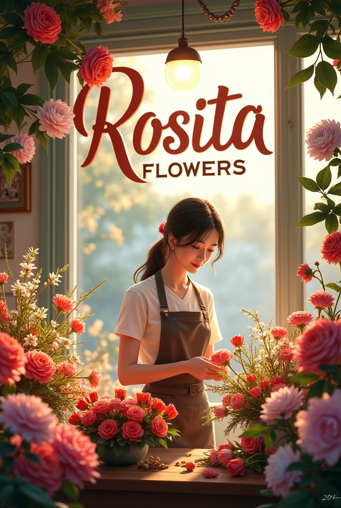 Text of “Rosita Flowers” in capital letters text With flowers and a florist lady who doesn’t look Asian It could be another option